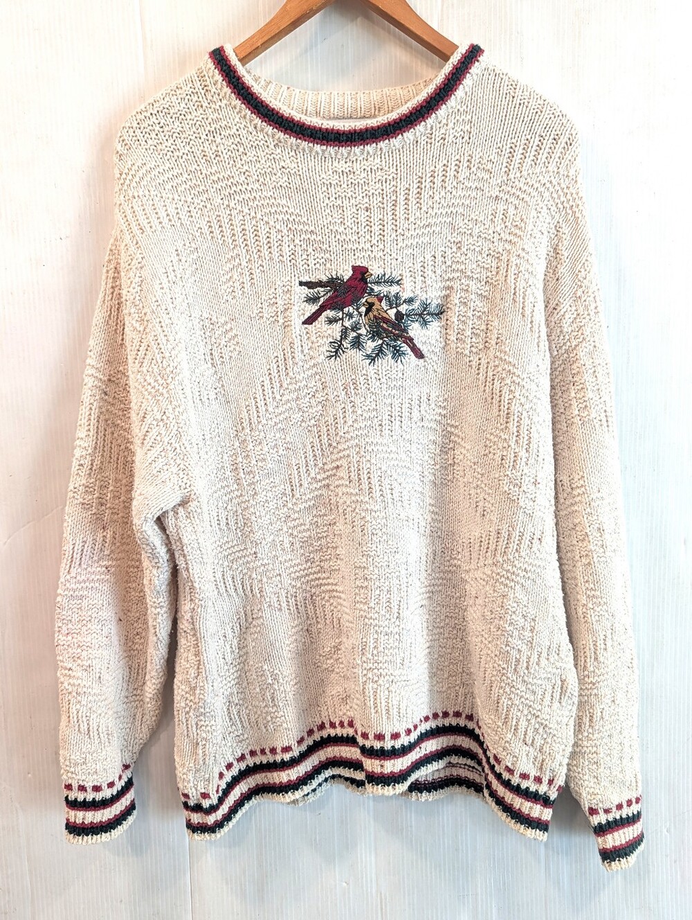 CROFT & BARROW Cream Textured Knit Crewneck Sweater with Christmas Cardinals